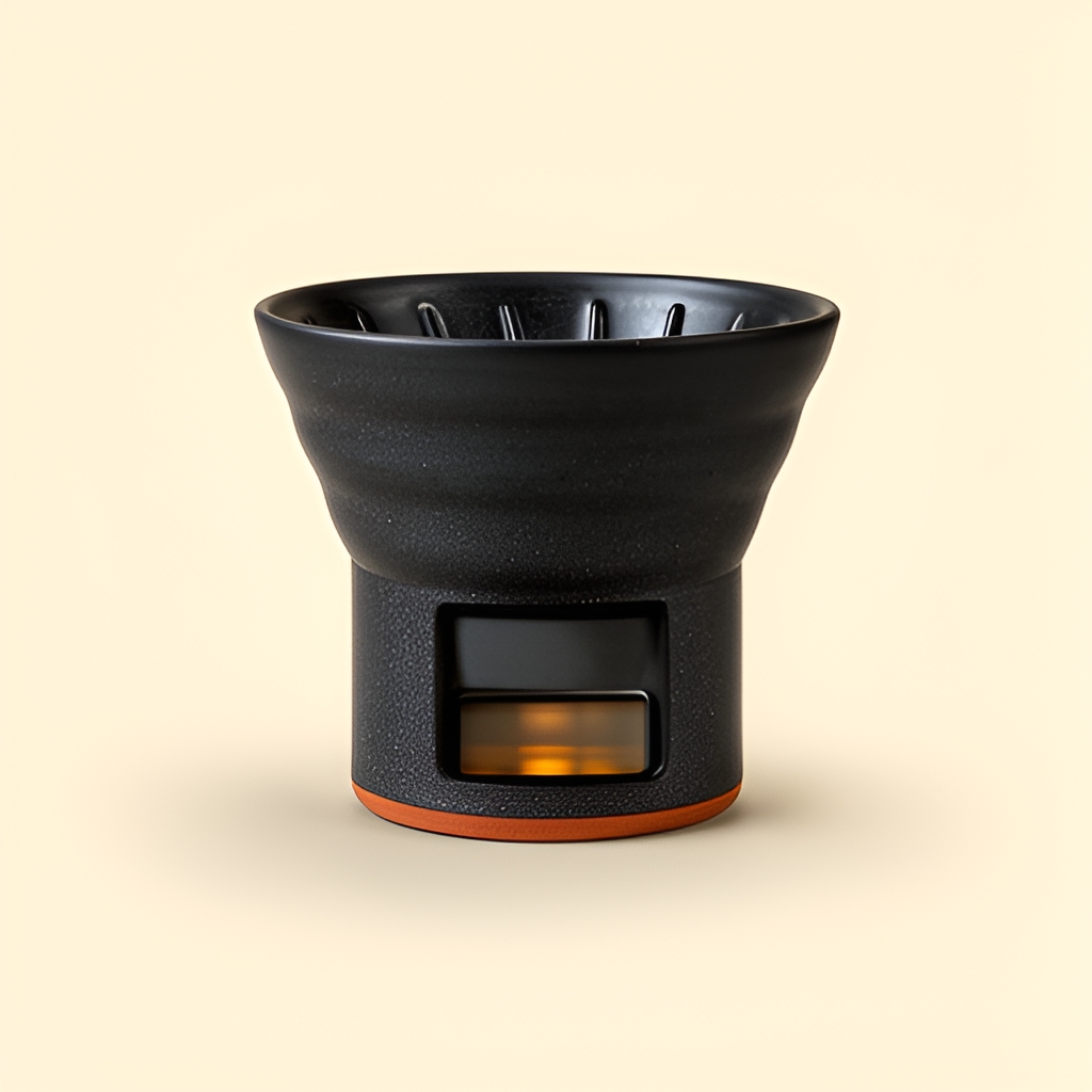 Kiln Black ceramic pour-over dripper with a small display in its base, centred on a warm off-white studio background