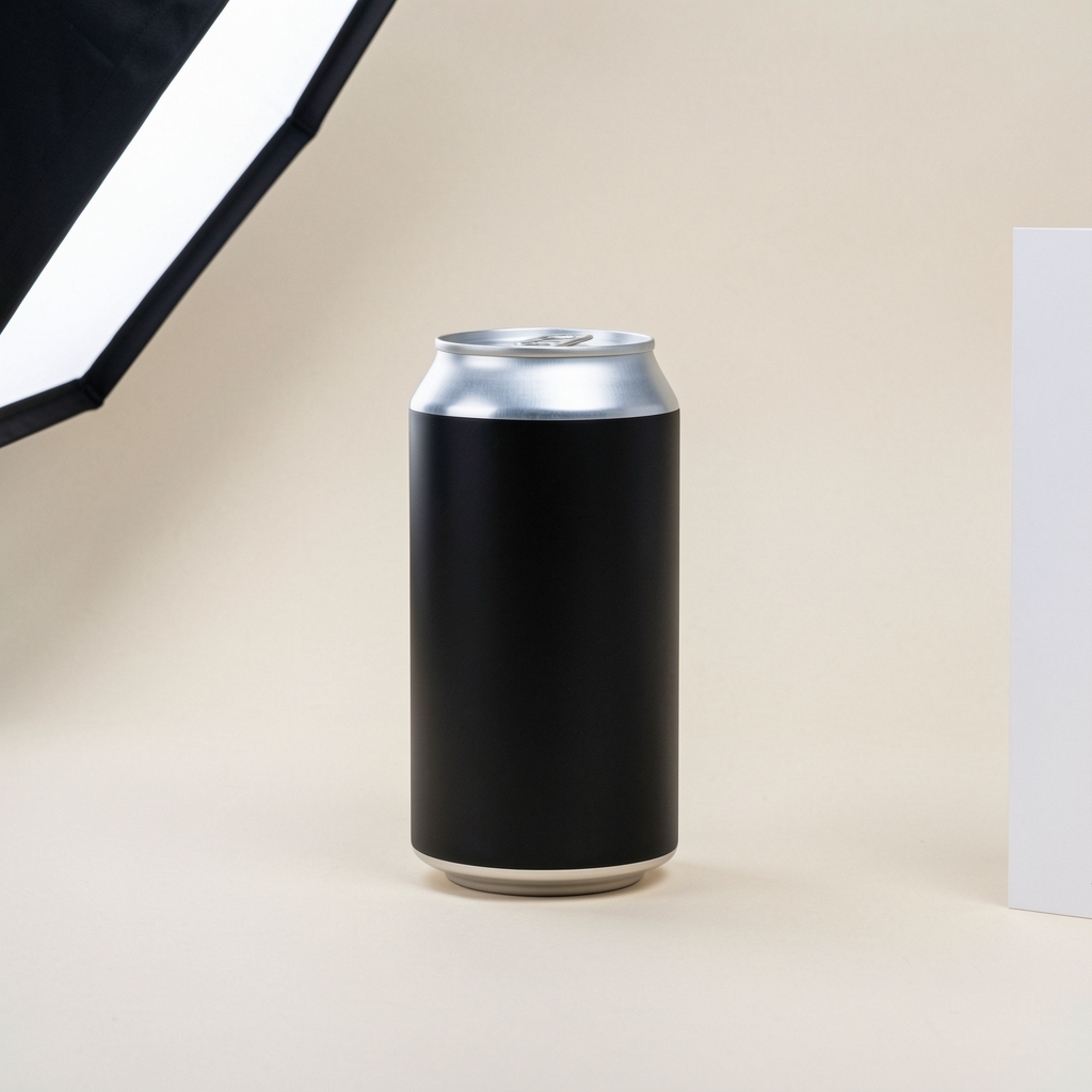 Single unlabelled matte black 250ml can centred on an oat-paper background with soft side light