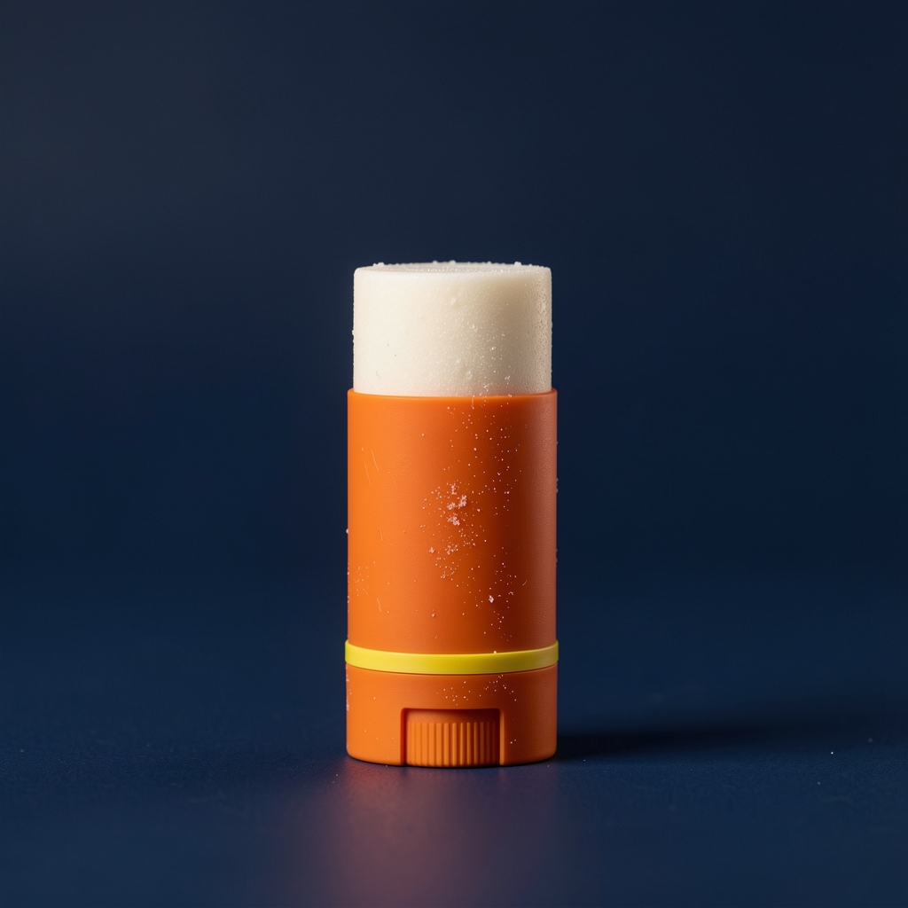 Matte orange sunscreen stick with a pale cap standing on a deep teal studio background