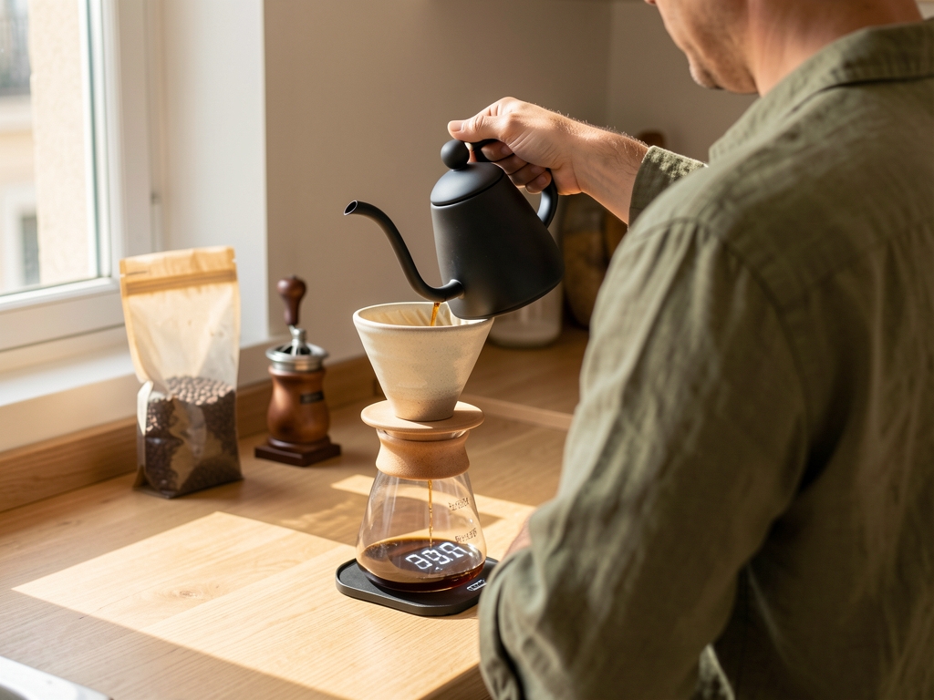 Brewer seen from behind pouring from a gooseneck kettle into the ceramic cone on a kitchen counter