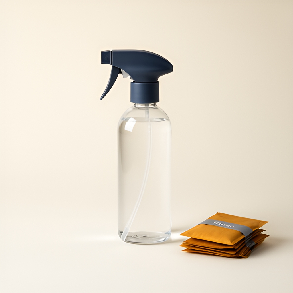 Clear glass spray bottle with a dark trigger head and amber paper sachets on a bone-white backdrop
