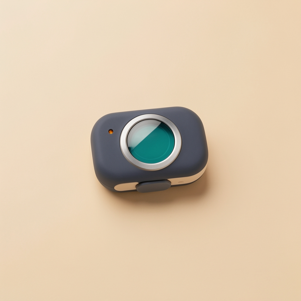 Deep slate and warm paper dog collar tracker on a seamless warm paper background with a teal sensor window.