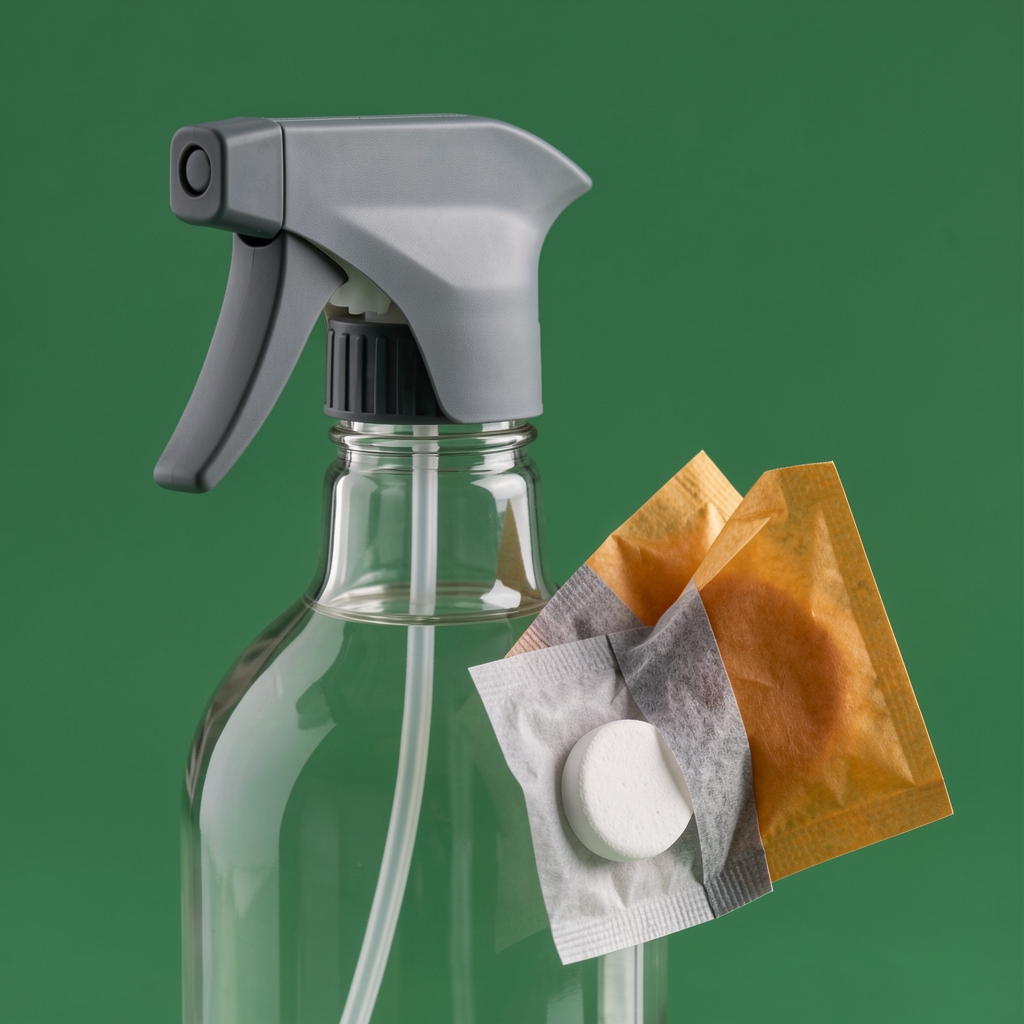 Close-up of a glass spray bottle neck and amber paper sachets on a green backdrop