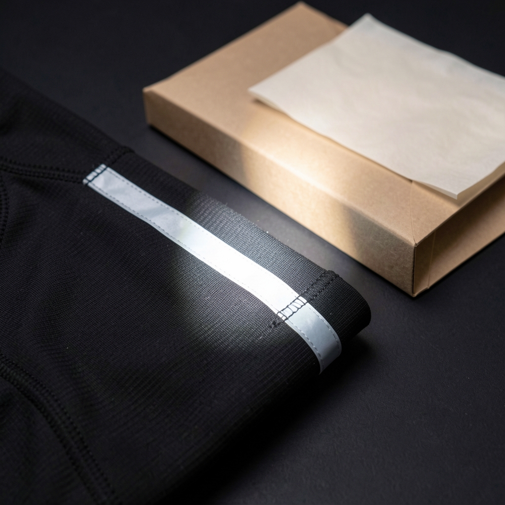 Macro detail of reflective seam tape flaring on a black technical shell beside plain packaging