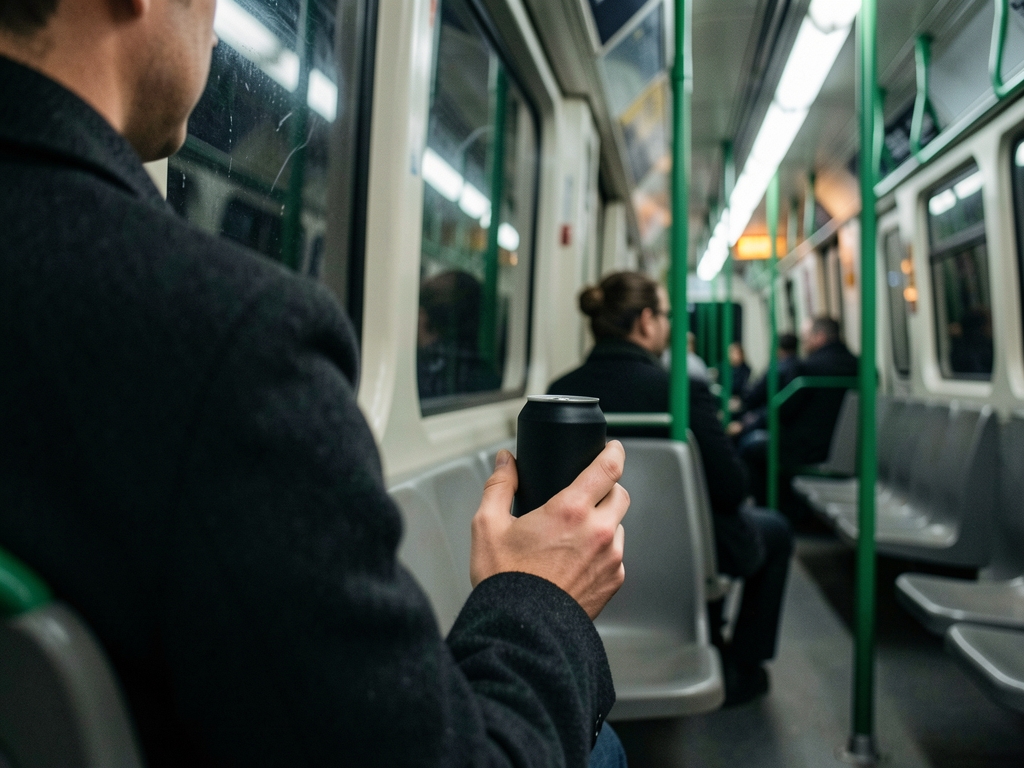 Commuter seen from behind holding a plain black can on a green-poled U-Bahn carriage
