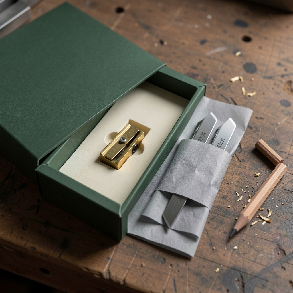 Open green box with brass sharpener and a sleeve of three steel blades on a bench