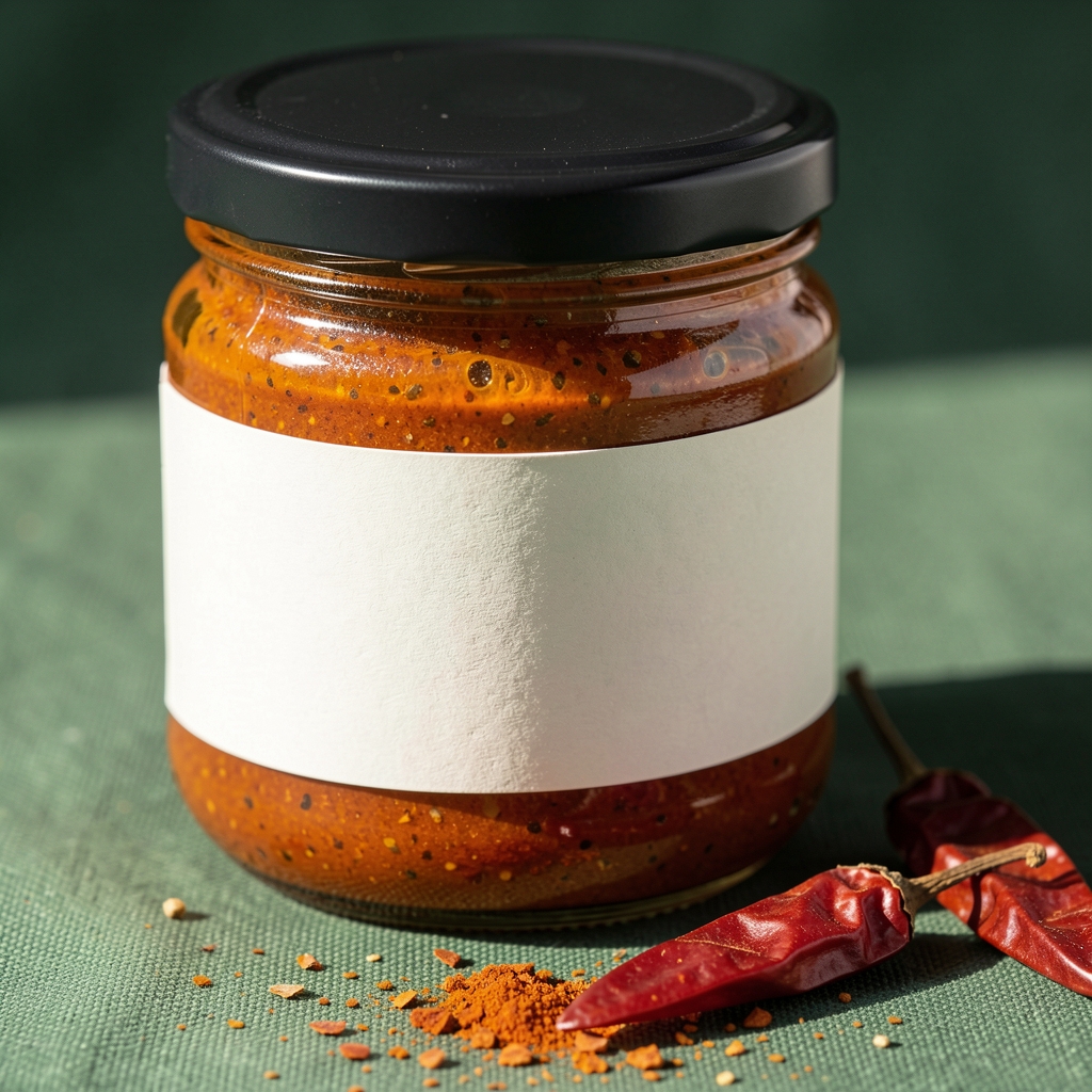 Close-up of a glass hot sauce jar with a plain dark lid and blank paper band beside dried paprika pods