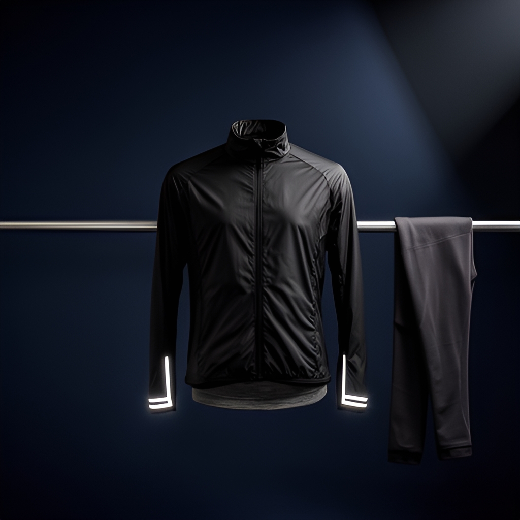 Black reflective running shell hung on a steel rail against a dark seamless backdrop