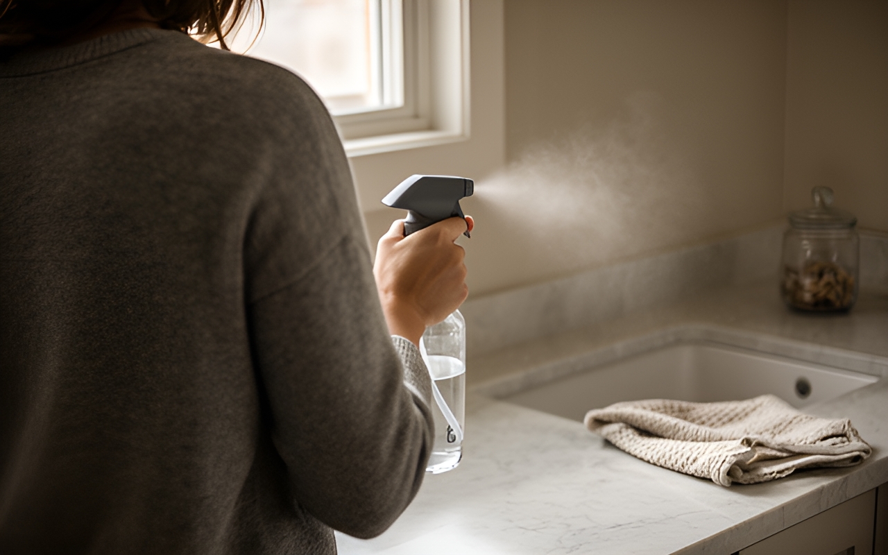 Person seen from behind spraying a glass bottle onto a kitchen counter