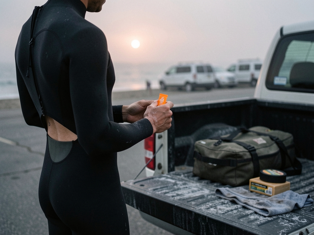 Surfer seen from behind applying a small orange stick to their hand beside a truck at dawn