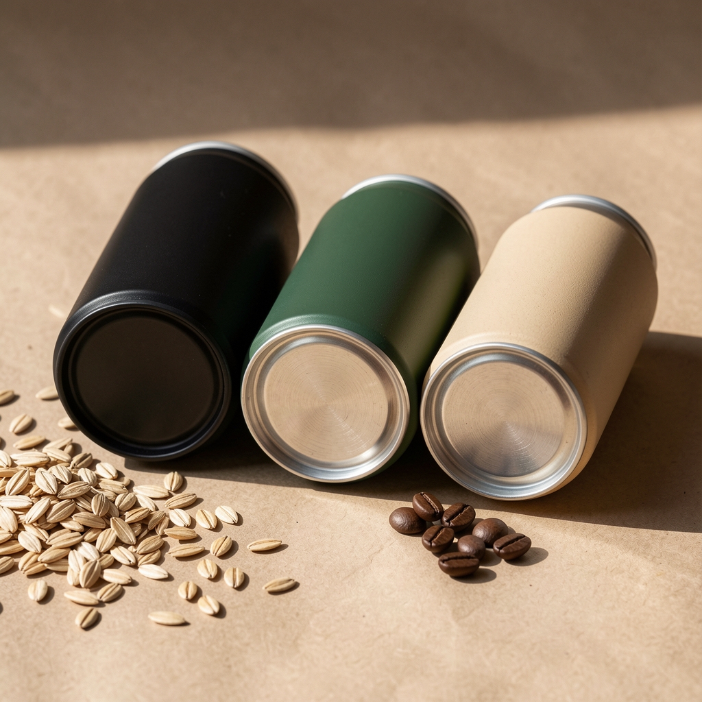 Three plain matte cans in black, green and oat-husk tones lying among oat husks and coffee beans