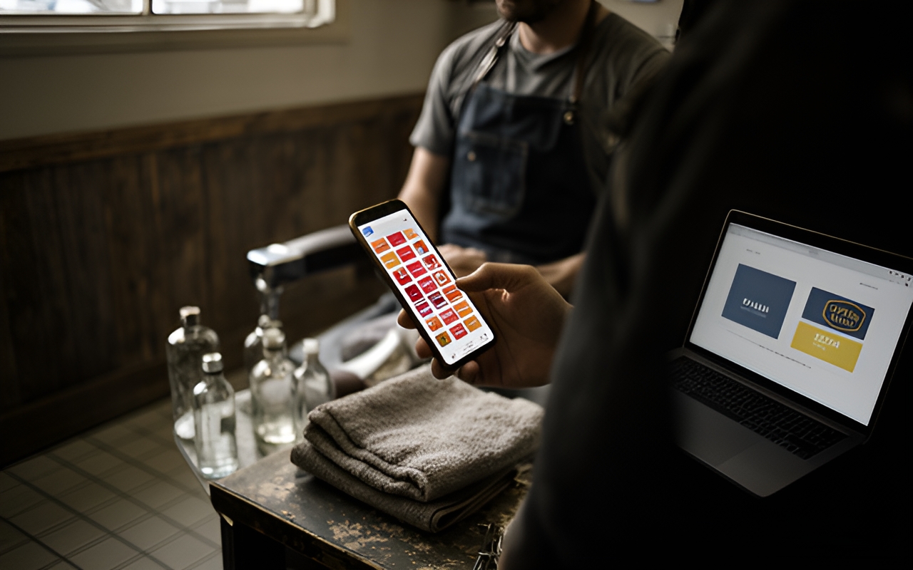 Barber from behind holding a phone showing the Chairfill slot screen in a barbershop
