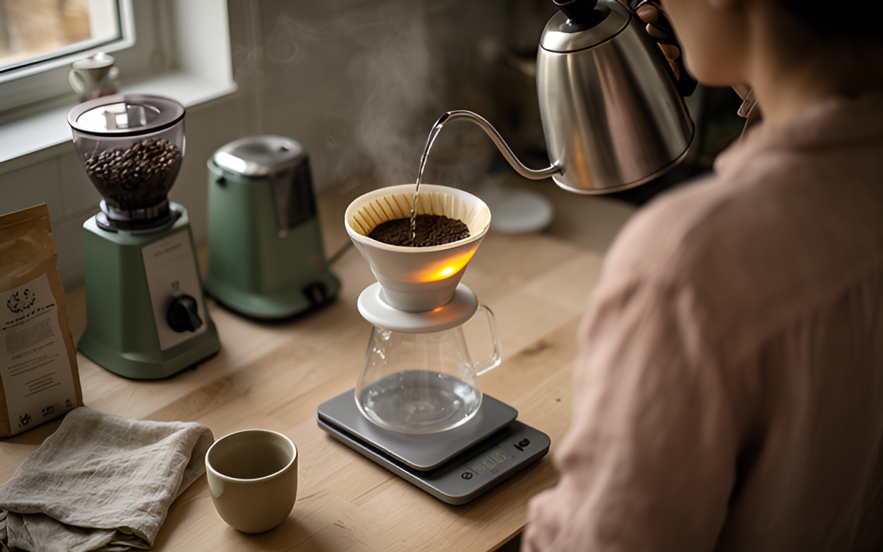 Brewer seen from behind pouring from a gooseneck kettle into a ceramic dripper on a kitchen counter