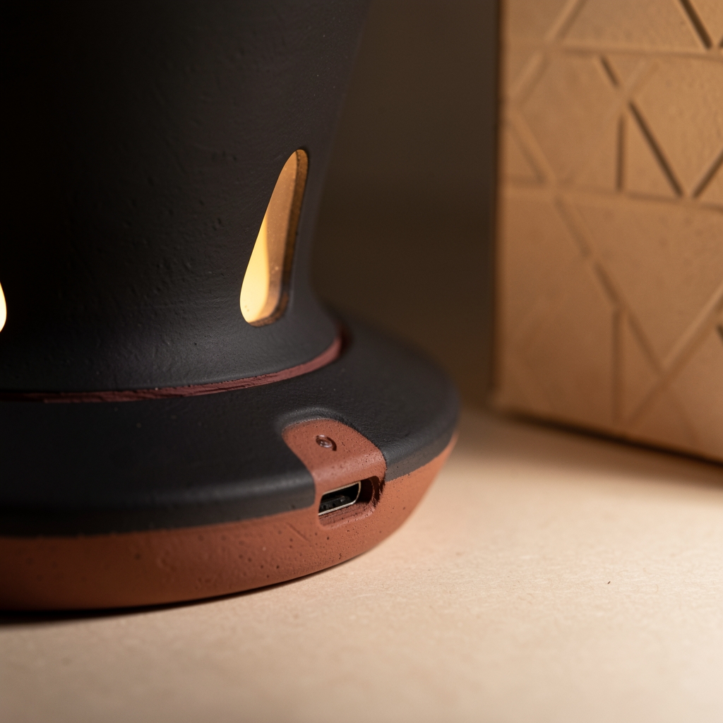 Macro detail of the dripper's stoneware base, terracotta seam and USB-C charging port