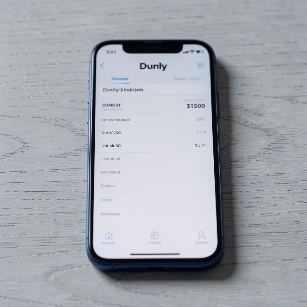 iPhone 14 Pro displaying Dunly app on light grey wooden surface