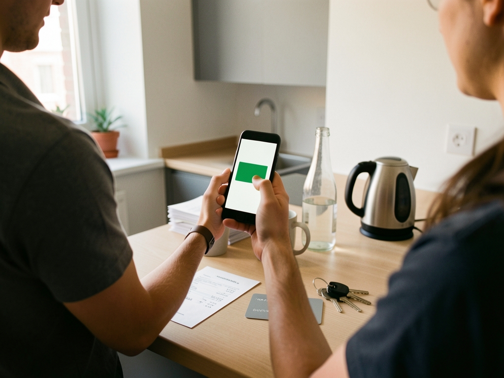 Three flatmates seen from behind at a kitchen counter, one holding a phone showing a plain app screen.