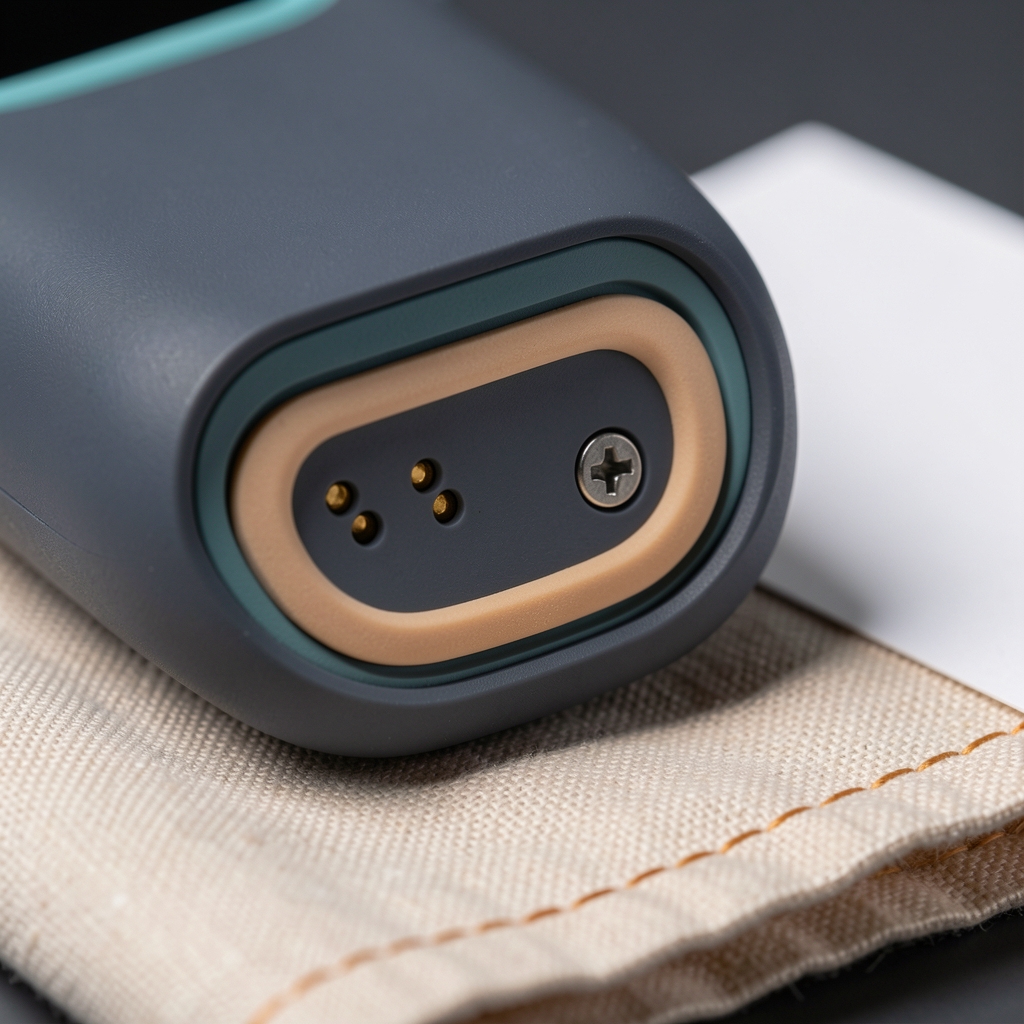 Macro view of the collar tracker's sealed underside with gold charging contacts and a teal sensor edge.