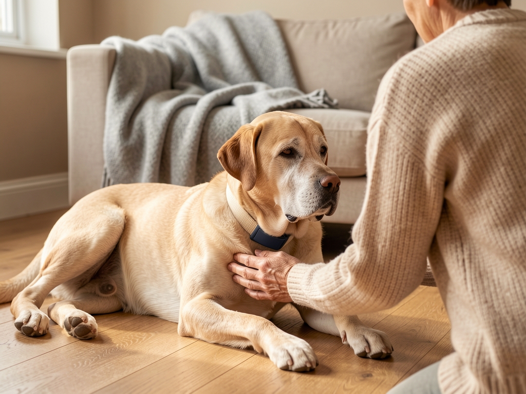 Older dog wearing the slate collar tracker lying on an oak floor while its owner kneels beside it, seen from behind.