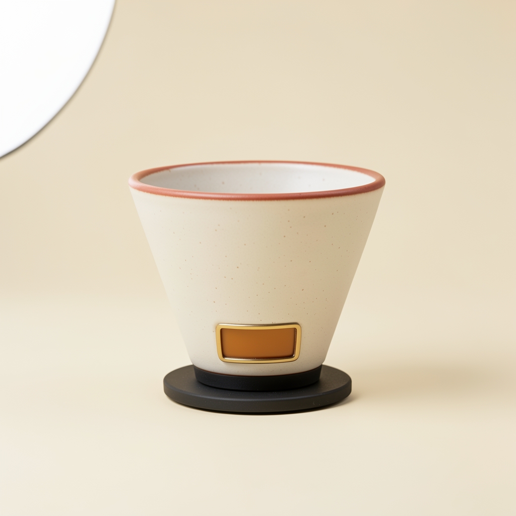 Off-white ceramic pour-over cone with a small built-in scale display, centred on a biscuit-coloured background