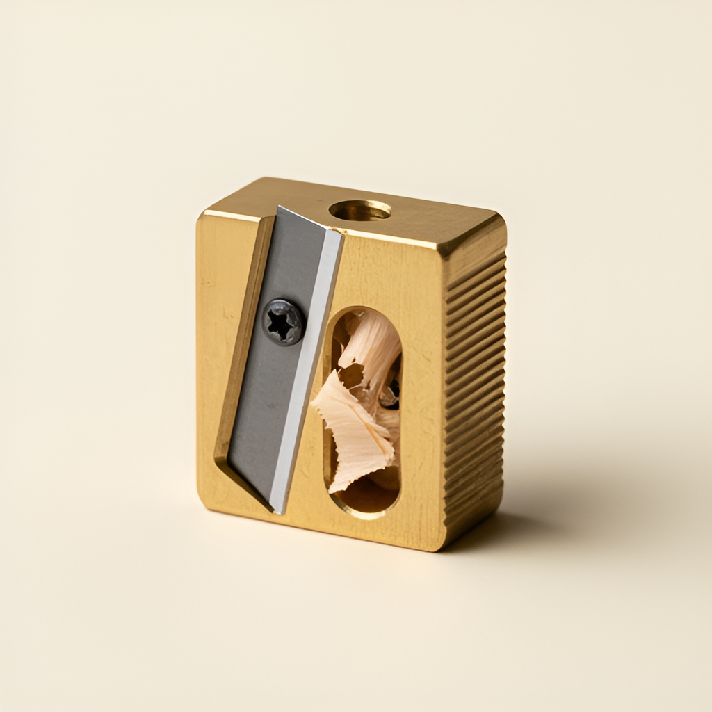 Machined brass pencil sharpener centred on a cream background, blade screw and shaving window visible