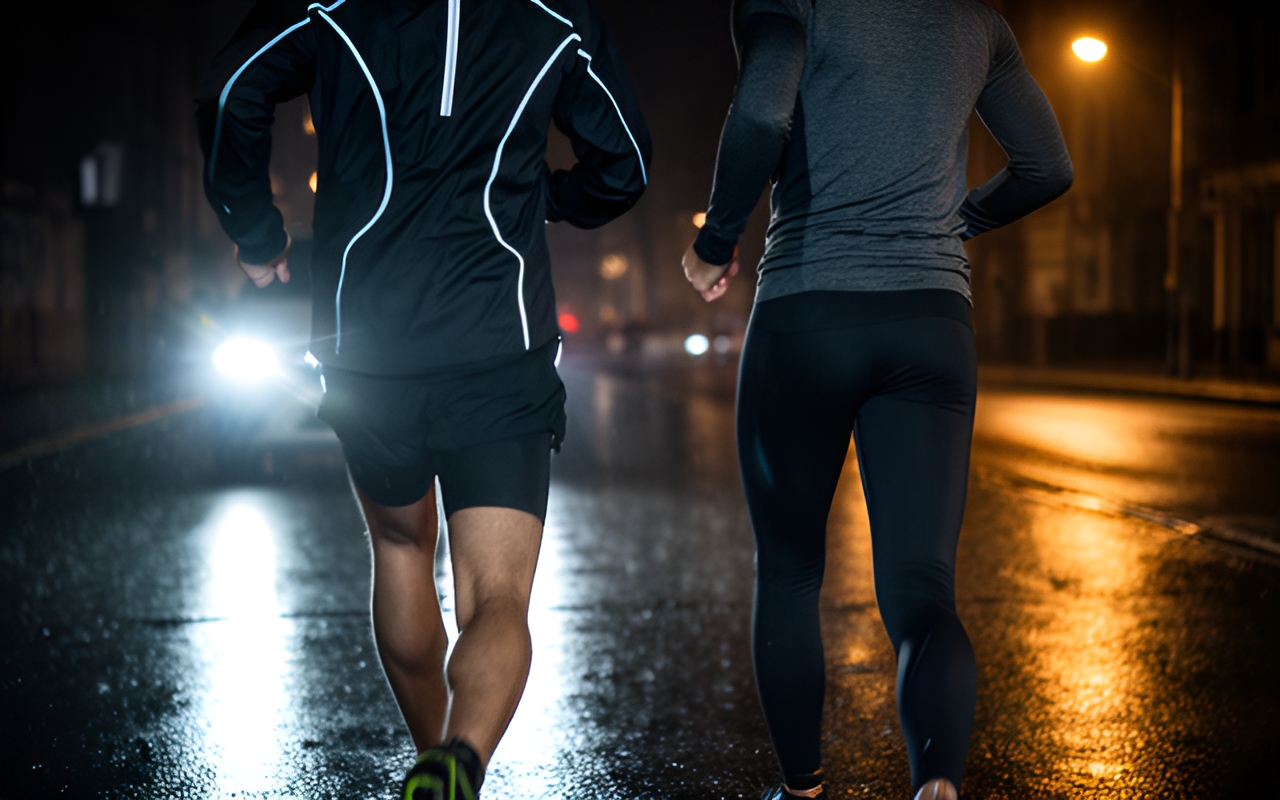 Two runners from behind on a wet night street, reflective seams lit by headlights